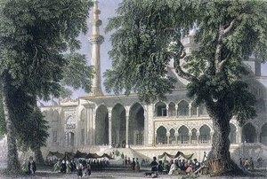 Yeni Djami, eller Sultana Valide-moskeen, Istanbul, indgraveret af J.C. Varrall, ca. 1850 (akvatinte)