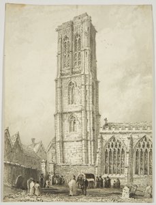 Yderside af Temple Church, viser en internering, ca. 1825 (blyant og akvarel på papir) af William Henry Bartlett