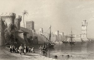 Havn i Rhodos, Grækenland, indgraveret af J.C. Armytage (1820-97)
