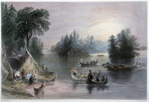 Indianske tipier og kanoer, bankerne ved Sankt Laurent - i "Canadian scenery illustrated" af W.H. Bartlett, London af William Henry Bartlett
