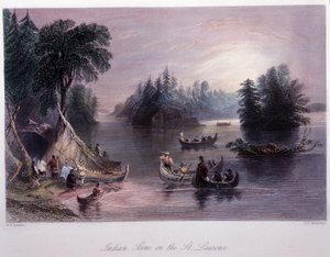 Indisk lejr ved bredden af Saint Laurent - i "" canadisk landskab illustreret" af Bartlett W. H. af William Henry Bartlett