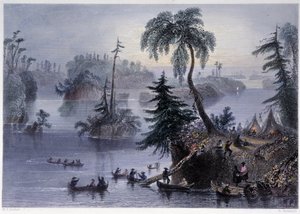 Scene blandt de tusinde øer: Camp and Boats, Mille îles - i "" canadisk sceneri illustreret" af Bartlett W. H. af William Henry Bartlett