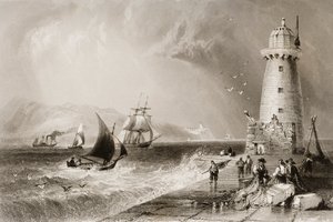 South Wall Lighthouse med Howth Hill i det fjerne, Dublin, fra 