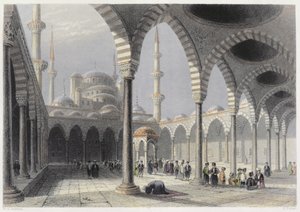 Hof i Sultan Achmets moske, Istanbul, indgraveret af S. Fisher, ca. 1850 (akvatint) af William Henry Bartlett