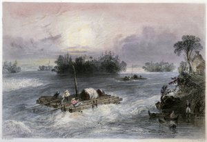 Transport af træ og vandfald til landsbyen Cedars - i "" canadisk landskab illustreret" af Bartlett W. H. af William Henry Bartlett