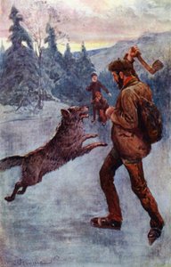 "Han skød; og dyret faldt omkuld i det øjeblik, det var ved at springe ud, snerrende og hvæsende" (farve litho) af William Henry Charles Groome