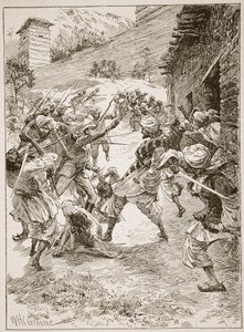 Løjtnant Harley, i spidsen for fyrre sikher og tres kashmirere, styrtede huset over minens munding, illustration fra "Battles of the Nineteenth Century" af Archibald Forbes, G.A. Henty an af William Henry Charles Groome