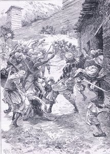 Løjtnant Harley leder sorten fra Fort Chitral, illustration fra Cassells History of England, 1900-tallet af William Henry Charles Groome