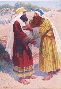 Mødet mellem Jakob og Esau, fra Bibelens billedbog udgivet af Thomas Nelson, ca. 1950