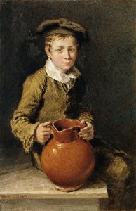 En dreng siddende på en bænk med en kande, 1839