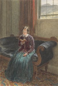 A Lady Reading, kaldet Mrs William Hunt, ca. 1835 (gouache og wc over grafit på papir) af William Henry Hunt