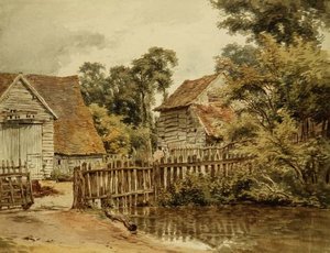 Gård med dam (akvarel på papir) af William Henry Hunt