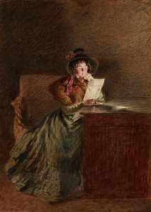 Pige læser et brev med lampelys (akvarel og blyant) af William Henry Hunt