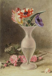 Glasvase og blomster af William Henry Hunt
