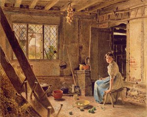 Jomfruen og elverdatteren, et sommerhusinteriør i Shillington, Bedfordshire, 1834 (hvidt fremhævet med hvidt på papir)