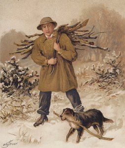 Mand og hund samler brænde (chromolitho) af William Henry James (after) Boot