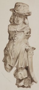 Udskåret figur i eg, på et tidspunkt i døren til huset bygget på stedet for Boars Head Tavern, Eastcheap, 1834 (vask på papir) af William Henry Kearney