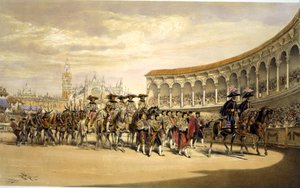 Indsejling af toreros i procession. Lake Price (c1810-1896) engelsk kunstner. Tyrefægtere behandler på stadion i Sevilla, Spanien. Corrida Matador Tradition Costume Blood Sport Spektakel