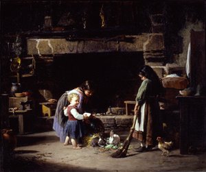Gårdinteriør: Bretonske børn, der fodrer kaniner, 1878.