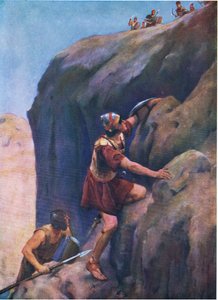 Jonathan og hans rustningsbærer, fra The Bible Picture Book udgivet af Thomas Nelson, ca.1950 af William Henry Margetson