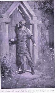 Sir Launcelot kunne ikke finde nogen vej ind, for selv om døren var gammel og slidt, holdt den fast. af William Henry Margetson