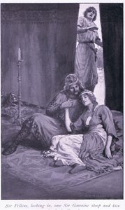 Sir Pelleas, der kiggede ind, så Sir Gawaine bøje sig ned og kysse lady Ettard. af William Henry Margetson