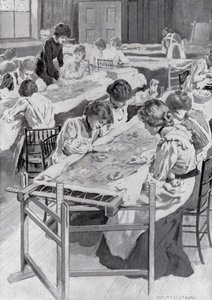 Studerende fra Royal School of Art Needlework broderer kongens kroningskåbe af William Henry Margetson