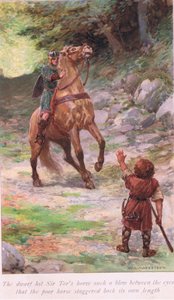 Dværgen ramte Sir Tors hest med et sådant slag mellem øjnene, at den stakkels hest vaklede tilbage i sin egen længde. af William Henry Margetson