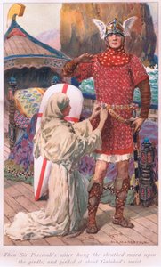 Så hængte Sir Percivales søster det beklædte sværd på bæltet og spændte det om Galahads talje af William Henry Margetson
