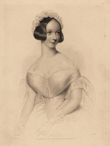 Frøken Gore. I off-the-shoulder kjole med stram talje, hår dekoreret med en krans af roser. Stålstiftsgravering af William Henry Mote efter en illustration af William Drummond fra Charles Heath