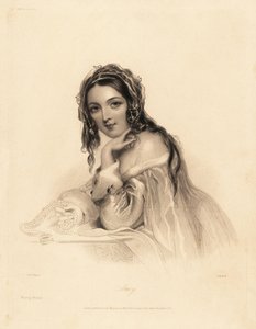 Portræt af Amy. Skønhed iført et slør over langt hår, hermelin-trimmet off-the-shoulder kjole, holder en perlekæde. Stålstiftsgravering af William Henry Mote efter en illustration af John Hayter fra Charles Heath