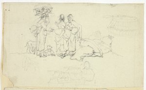 Figurer med Markedsvarer og Tre Skitser af William Henry Pyne
