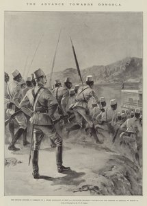 Fremrykningen mod Dongola, den britiske officer i kommando af en negerbataljon fra det 11. soudanesiske regiment, der ser sine mænd gå om bord i Shellal, den 18. marts (litho)