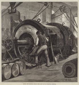 Boring the trunnion coil of the 81-ton Gun på Woolwich Arsenal af William Heysham Overend