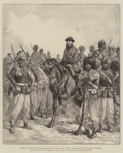 General Ghous-ud-din Khan, kommandør for de afghanske tropper i Penjdeh, med sine afghanske soldater