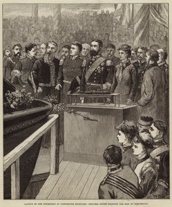 Lancering af Inflexible på Portsmouth Dockyard, Prinsesse Louise starter skibet med elektricitet