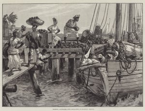 Indlæser en skonnert med kakao-nødder i Kingston, Jamaica