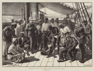 Stanley og nogle af hans afrikanske følgere om bord på HMS Industry af William Heysham Overend
