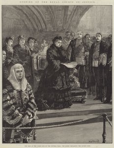 Åbning af Royal Courts of Justice, Dais i den nordlige ende af Central Hall, Dronningen erklærer domstolene åbne