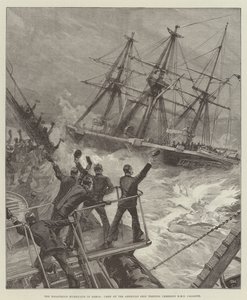 Den katastrofale orkan i Samoa, besætningen på det amerikanske skib Trenton jubler over HMS Calliope