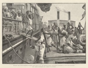 Emin Pasha nødhjælpsekspeditionen ved Banana Point, 18. marts 1887, dampskibet Madura overfører passagerer til en dampbåd fra Congofloden