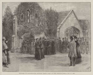 Begravelsen af den afdøde hertug af Clarence og Avondale, besøgende i Sandringham venter på deres tur ved Church Porch, 18. januar 1892 af William Heysham Overend