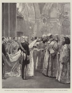 Det kejserlige bryllup i Sankt Petersborg, hvor bruden modtager vievand i Peters- og Paulskirken før brylluppet af William Heysham Overend