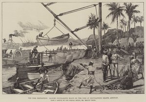 Nilekspeditionen, pramme, der losser både på Nilen ved Elephantine Island, Assouan