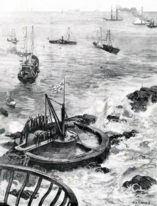 Prinsen af Wales og hertugen af Edinburgh lægger grundstenen til det nye Eddystone fyrtårn, illustration fra 