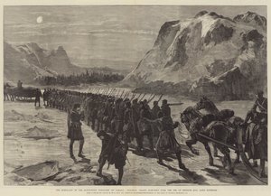 Oprøret i det nordvestlige territorium i Canada, koloniale tropper marcherer over isen i Nepigon Bay, Lake Superior