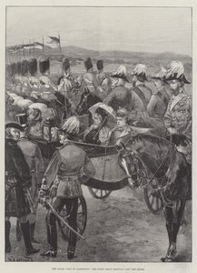 Det kongelige besøg i Aldershot, Scots Greys traver forbi dronningen af William Heysham Overend