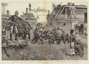 Krigen i Soudan, startende for Khartoum, Sir Charles Wilson, med en eskorte fra Sussex Regiment, på vej op i Gubat for at gå op ad Nilen af William Heysham Overend