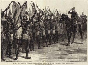 Zulu-krigen, general Lord Chelmsford gennemgår det indfødte kontingent på bredden af Tugela, indfødte råbte H-H-Ooo! af William Heysham Overend