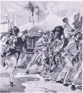 Flådebrigaden fra HMS Shannon i Lucknow, november 1857, illustration fra British Battles on Land and Sea, 1915